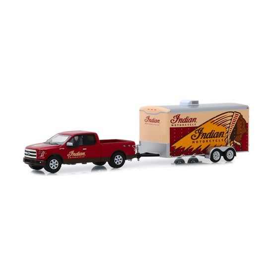 Machetă moto GreenLight [1:64] - FORD 2017 F-150 with Indian Motorcycle Hauler - Red